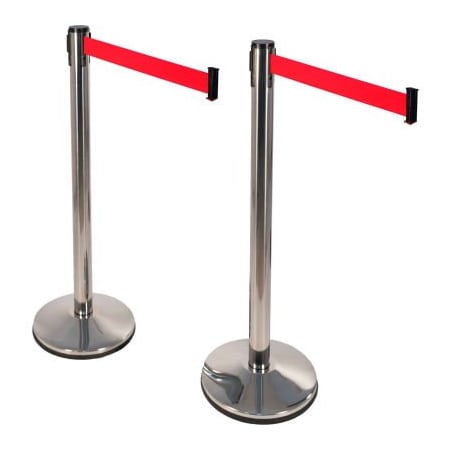 Visiontron Retracta-Belt PRIME Stanchion, 40inH Polished SS Post, 10'L Red Retractable Belt, 2/Pack 100PS1-RD-2PK